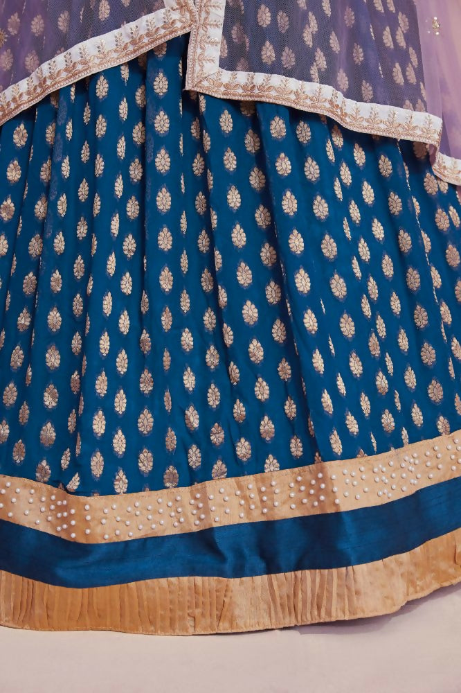 Teal Blue Zari Weaving Work Georgette Banarasi Lehenga Choli - Jihu Culture