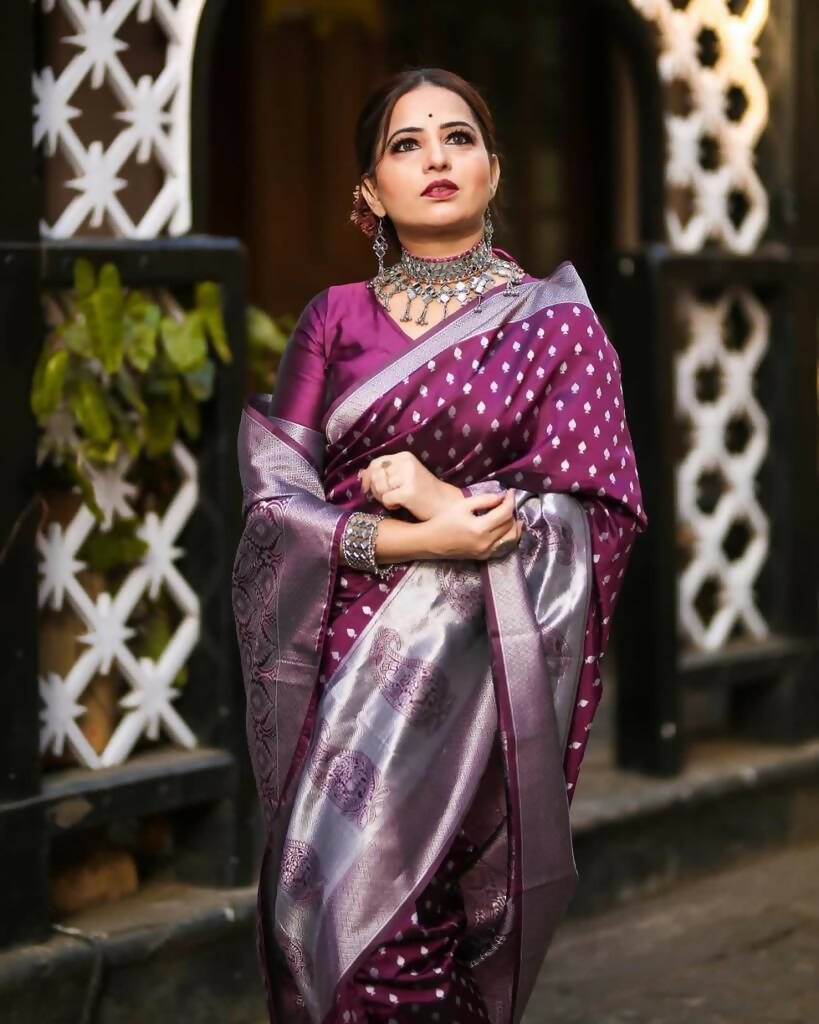 DEIANA'S Beautiful Designer Golden zari Soft Lichi Silk Saree - Wine