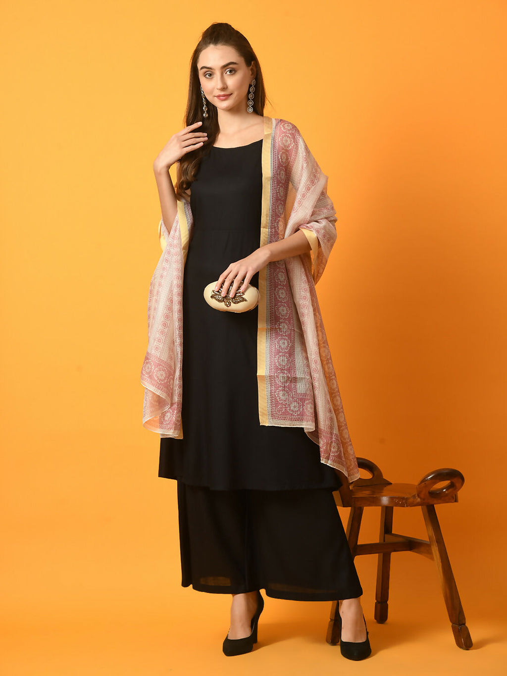 Myshka Women's Black Solid Anarkali Party Kurta Set With Printed Dupatta