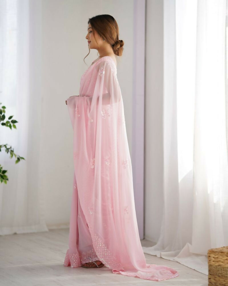 Attractive Looking Georgette Thread, Sequance Embroidery Work Party Wear Saree - Pink