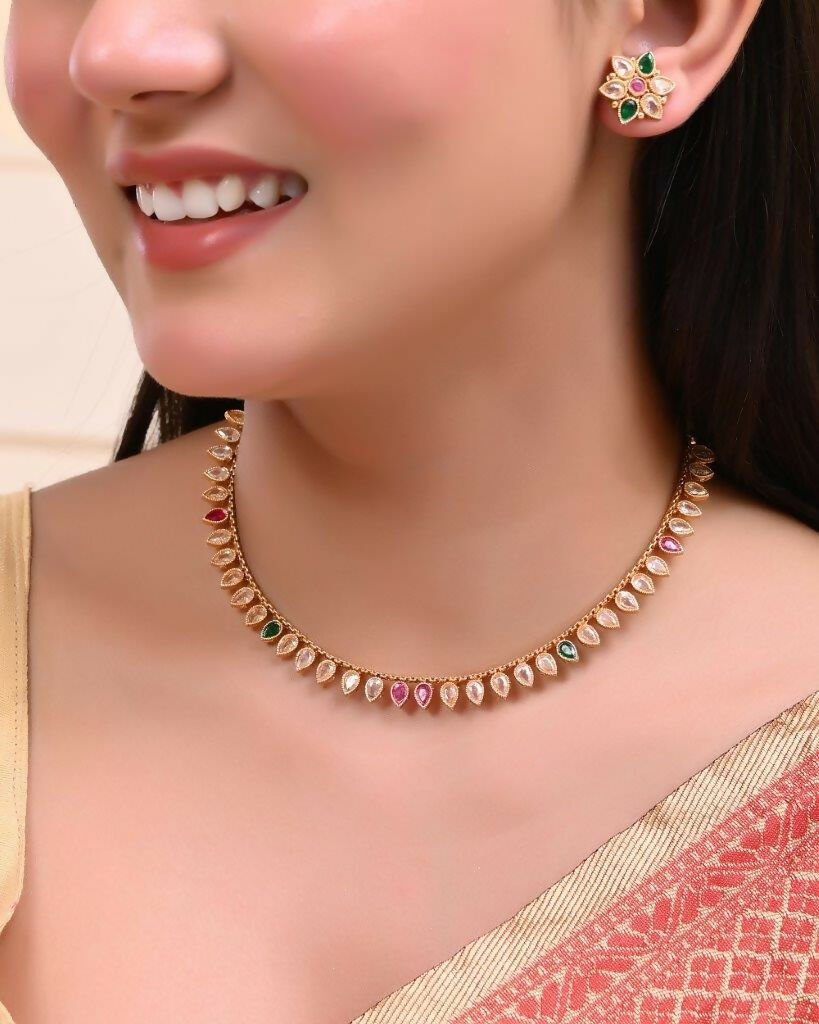 VOJ Gold Tone Stone Studded Drop Shaped Jewellery Set