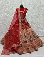 Jyoti Fashion Women's Red Velvet Multi Thread Embroidered with Zircon Diamond Wedding Lehenga Choli