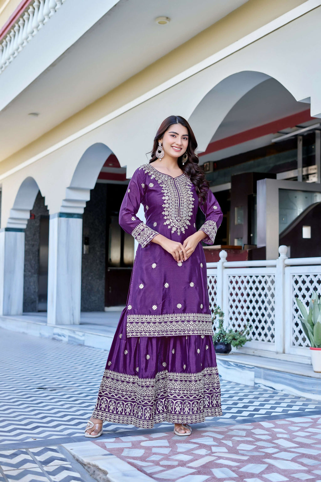 Teeya Creation Wine Color Chinon Silk Heavy Embroidery Work Wedding Wear Sharara - Distacart
