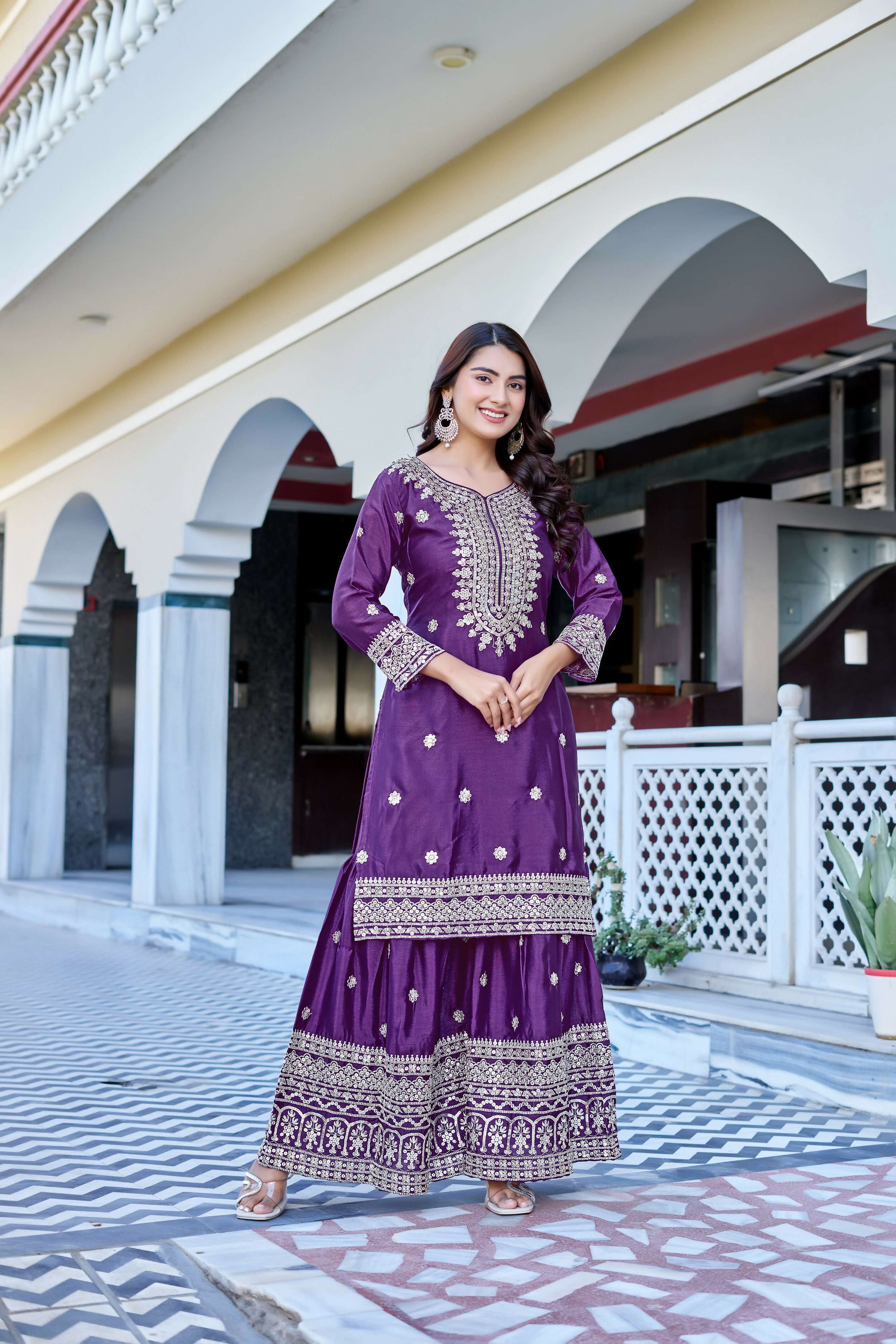 Teeya Creation Wine Color Chinon Silk Heavy Embroidery Work Wedding Wear Sharara - Distacart