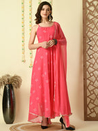 Myshka Women's Pink Georgette Sleeveless Flayered Party Kurta With Dupatta Set