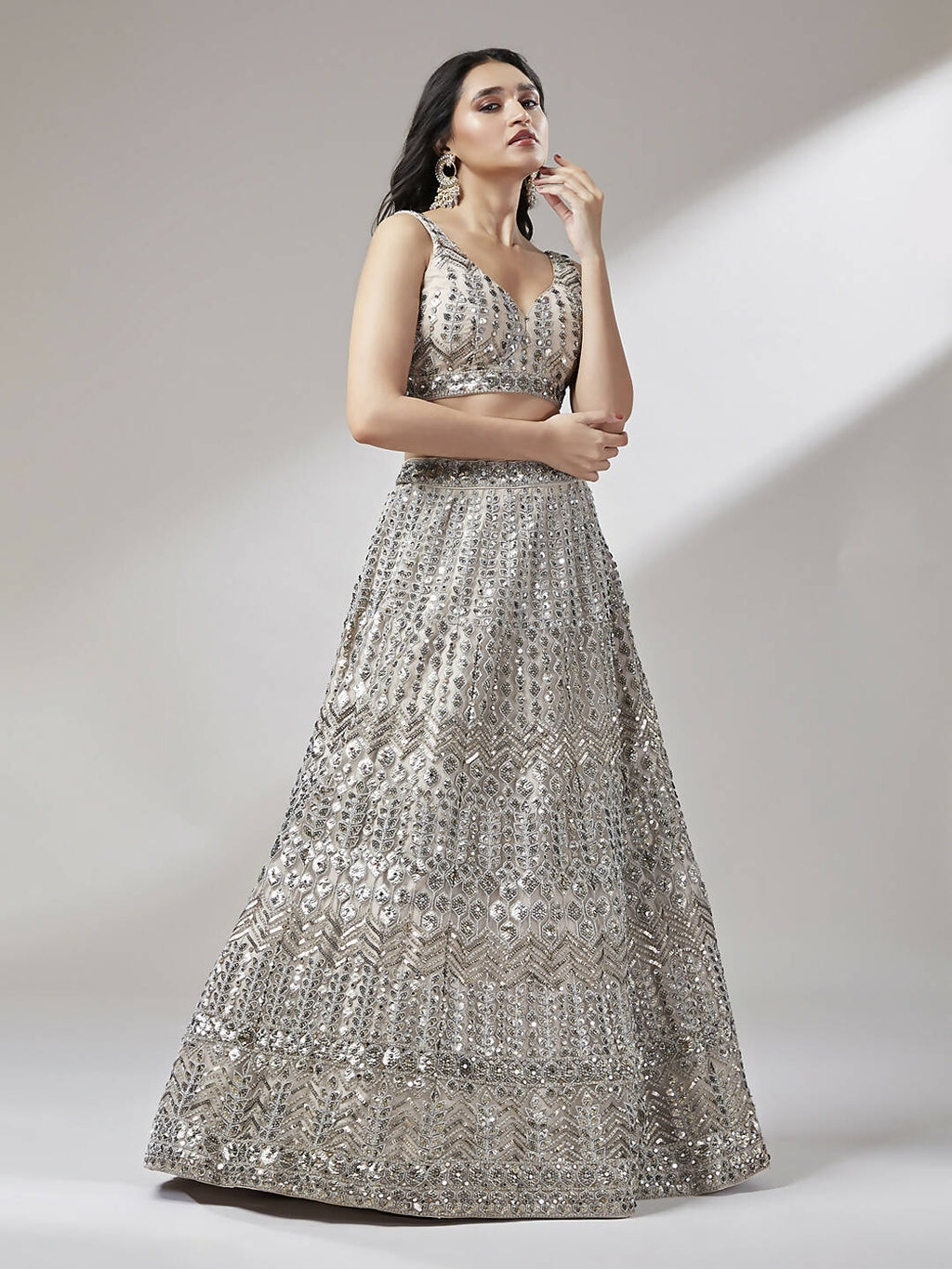 House of Panchhi Beige - Net Mirror & Sequins Embroiderey Lehenga choli