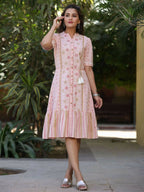 Juniper Women's Pink Cotton Printed Embroidered Flared Dress - Distacart