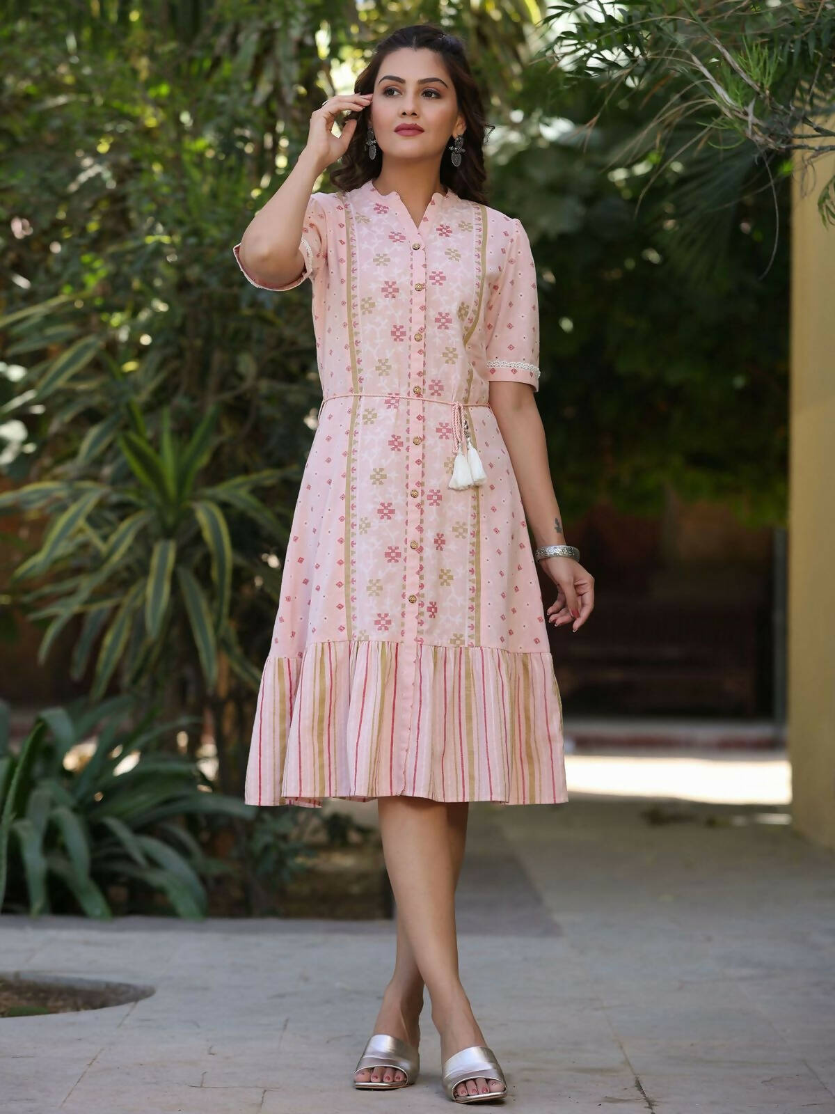 Juniper Women's Pink Cotton Printed Embroidered Flared Dress - Distacart