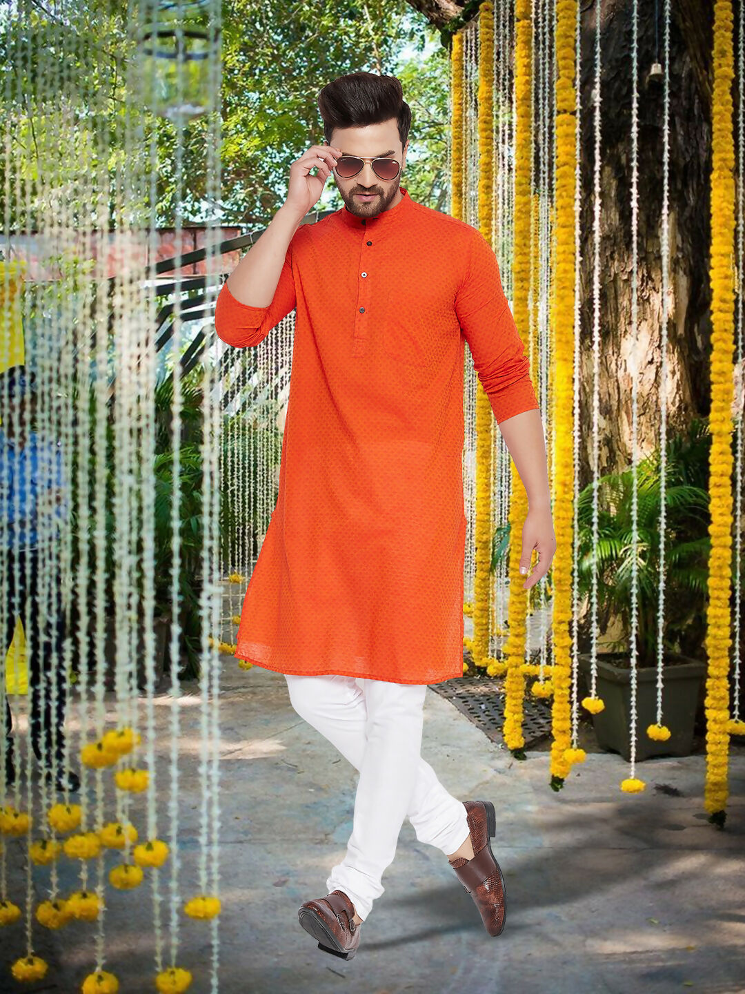 Even Apparels Men's Pure Cotton Orange Striped Kurta