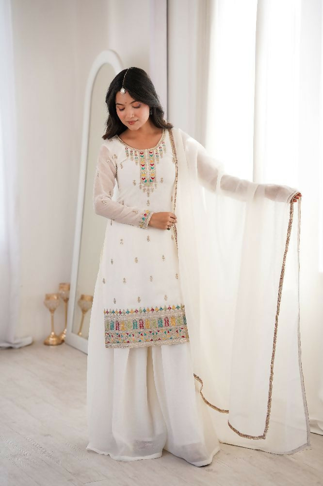 Teeya Creation White Color Soft Crunchy Silk Party Wear Designer Sharara set - Distacart