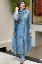 The52 Blue Women's Beautiful Cotton Fabric Thread Work Straight Kurta, Pant and Dupatta Set - Distacart