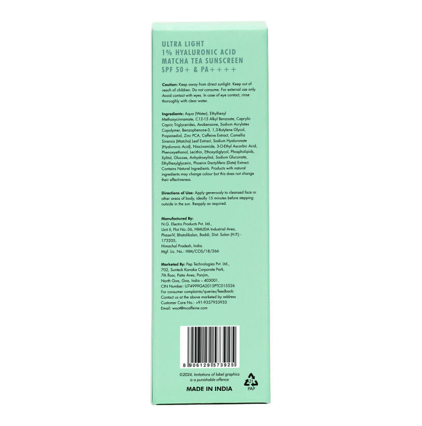 mCaffeine Sun Fix Ultra Light 1% Hyaluronic Acid Matcha Tea Sunscreen SPF 50+ PA++++