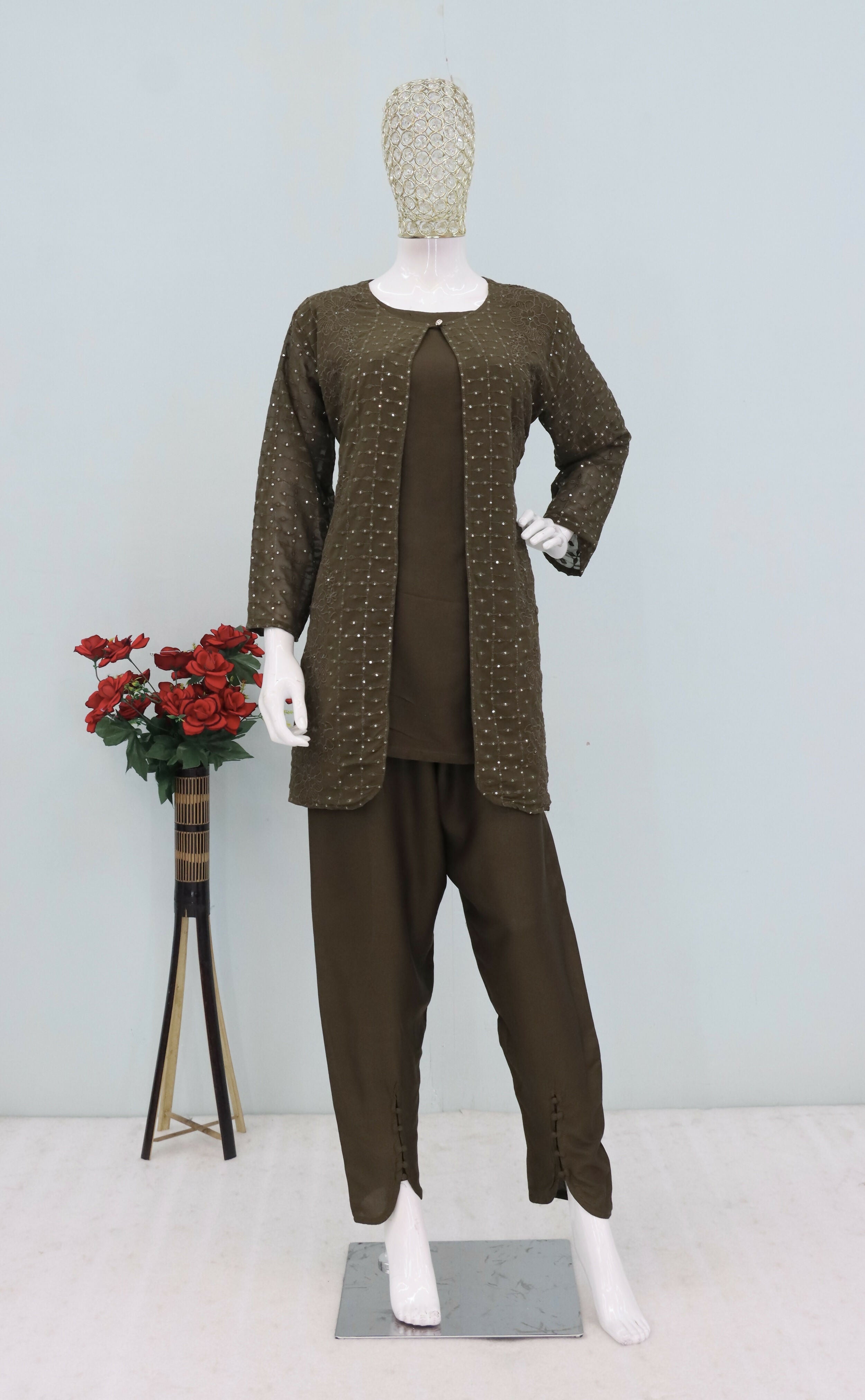 Teeya Creation Mehendi Color Faux Georgette Party Wear Designer Co Ord Set