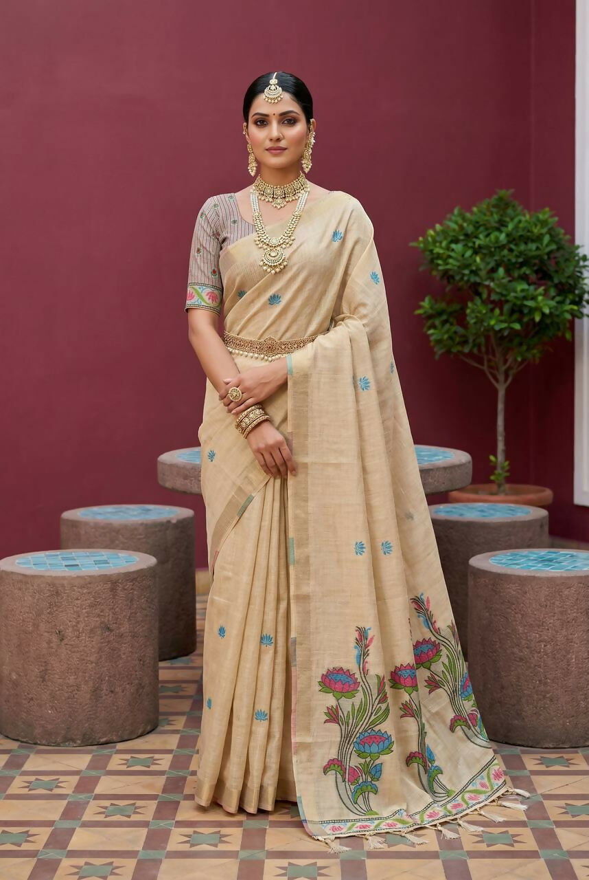 Vastranavya Cream Muga Cotton Meenakari & Azarakh Pallu Saree with Contrast Blouse - Distacart