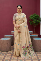 Vastranavya Cream Muga Cotton Meenakari & Azarakh Pallu Saree with Contrast Blouse - Distacart