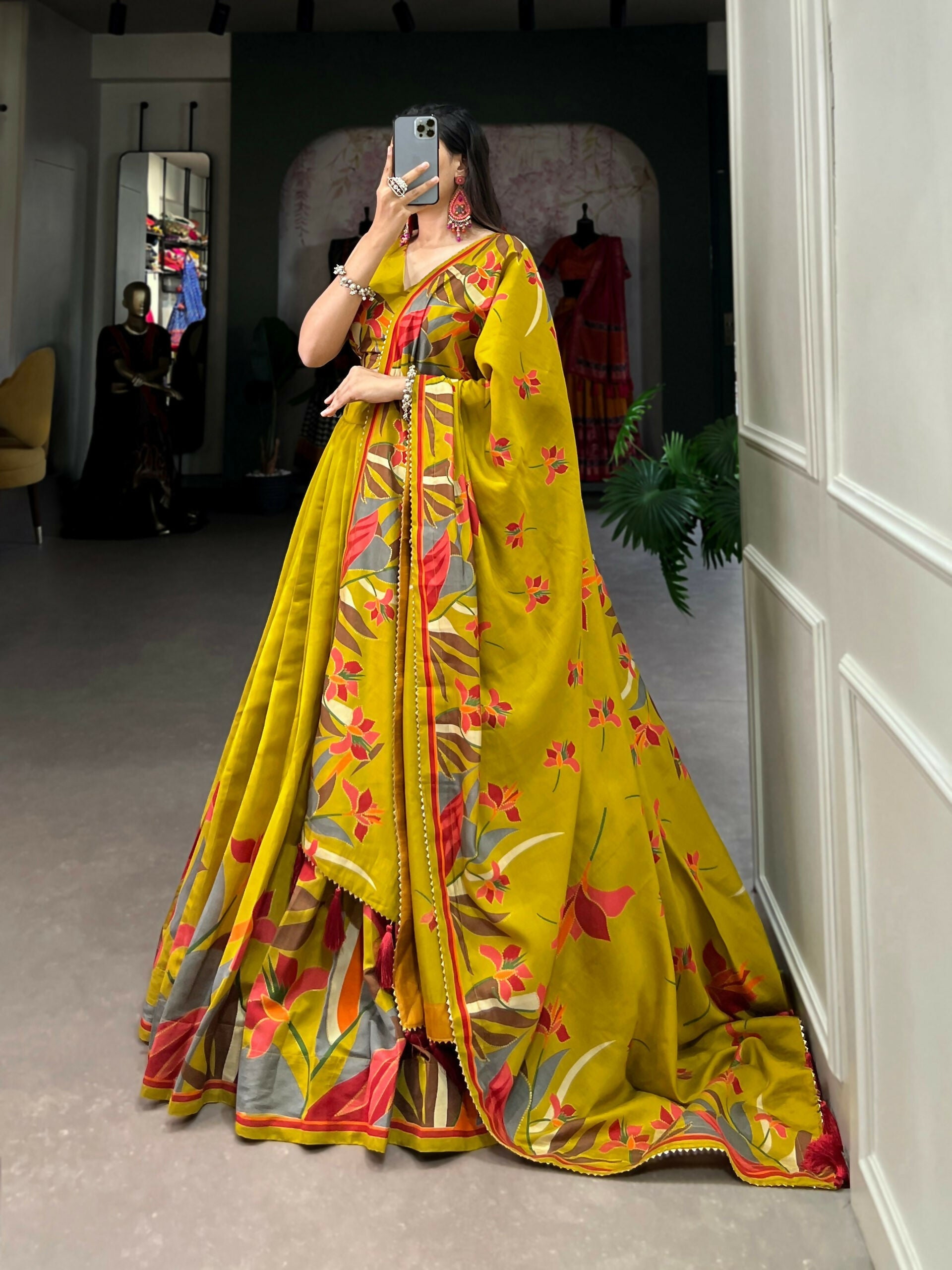Vastranavya Polyester Viscose Chanderi Lehenga Choli With Intricate Print And Dupatta - Mustard