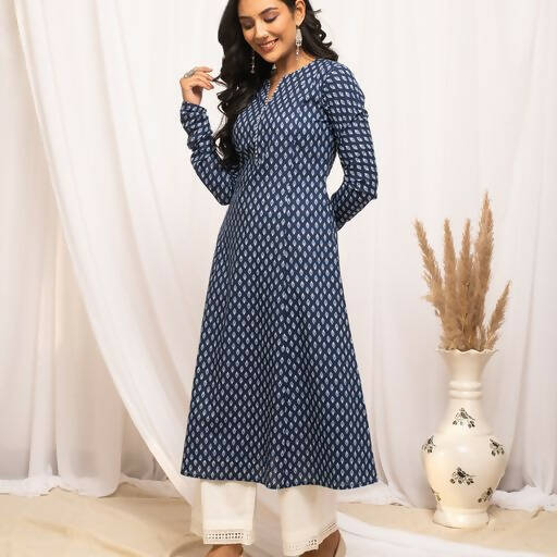 FIORRA Women's Floral Printed Navy Blue Cotton A-Line Kurta