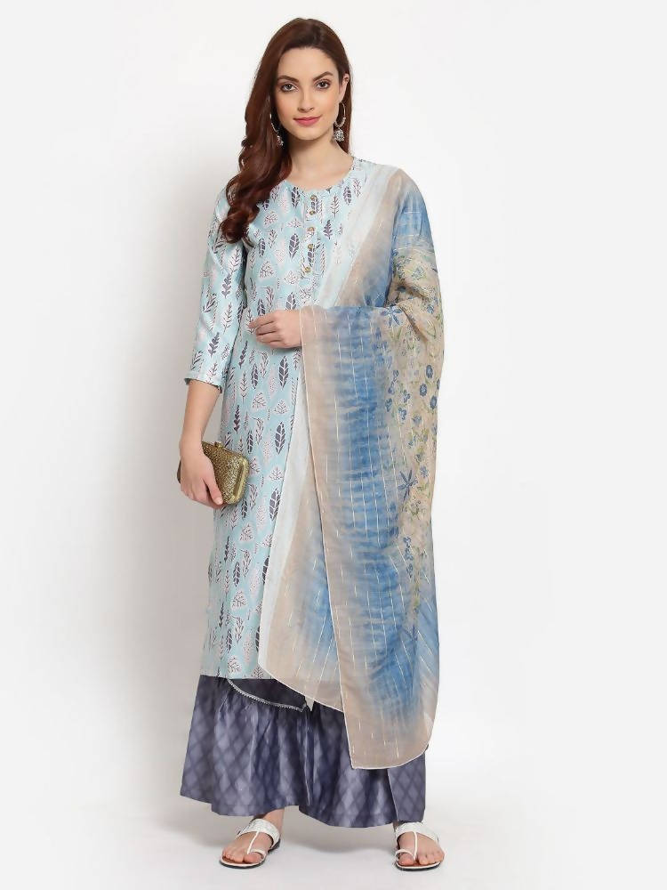 Myshka Women's Multi Printed Cotton Blend 3/4 Sleeve Round Neck Casual Kurta Palazzo Dupatta Set