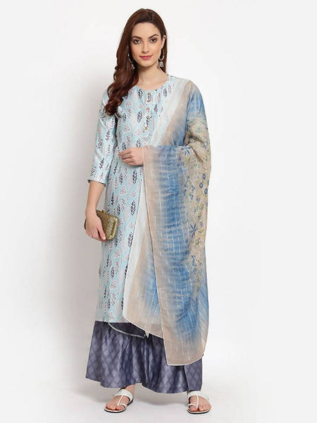 Myshka Women's Multi Printed Cotton Blend 3/4 Sleeve Round Neck Casual Kurta Palazzo Dupatta Set
