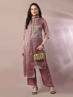 Myshka Women's Brown Solid Straight Party Kurta Set With Dupatta