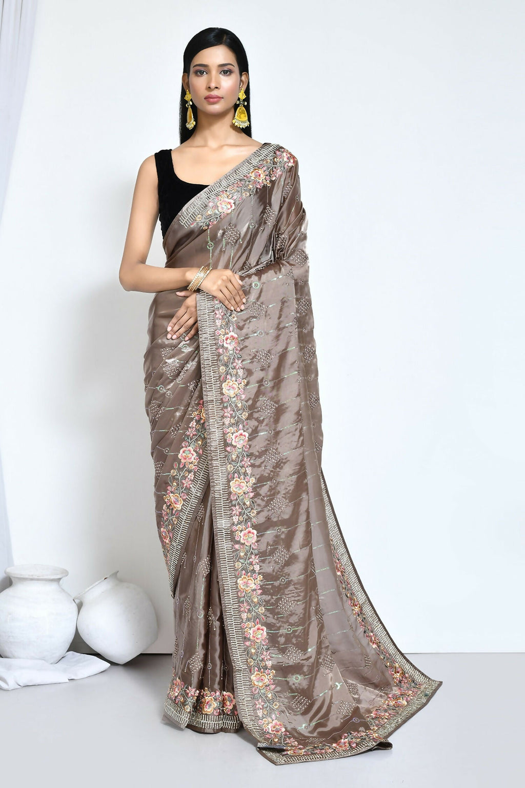 Brown Satin Silk Sequence Embroidered with Stone work Saree - Nimaya Benzy