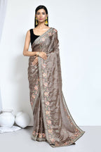Brown Satin Silk Sequence Embroidered with Stone work Saree - Nimaya Benzy