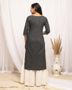 FIORRA Women's Floral Printed Black Cotton Straight Kurta