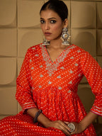 Indo Era Bandhani Embroidered Empire Sequined A-Line Pure Cotton Kurta With Trousers - Distacart