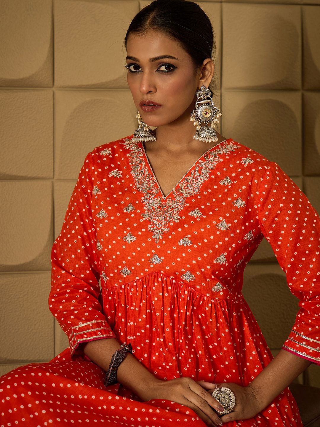 Indo Era Bandhani Embroidered Empire Sequined A-Line Pure Cotton Kurta With Trousers - Distacart