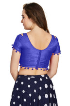 Aastha Fashion Women's Blue Art Silk Pom Pom Lace Readymade Blouse