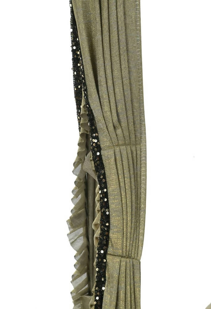 Olive Green And Black Ruffled With Blouse Ready To Wear Saree