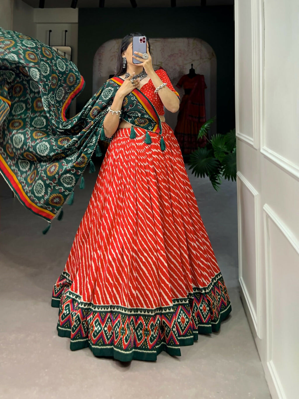 Vastranavya Cultural Leheriya With Patola Print Border Tussar Silk Lehenga Choli - Red