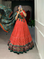 Vastranavya Cultural Leheriya With Patola Print Border Tussar Silk Lehenga Choli - Red