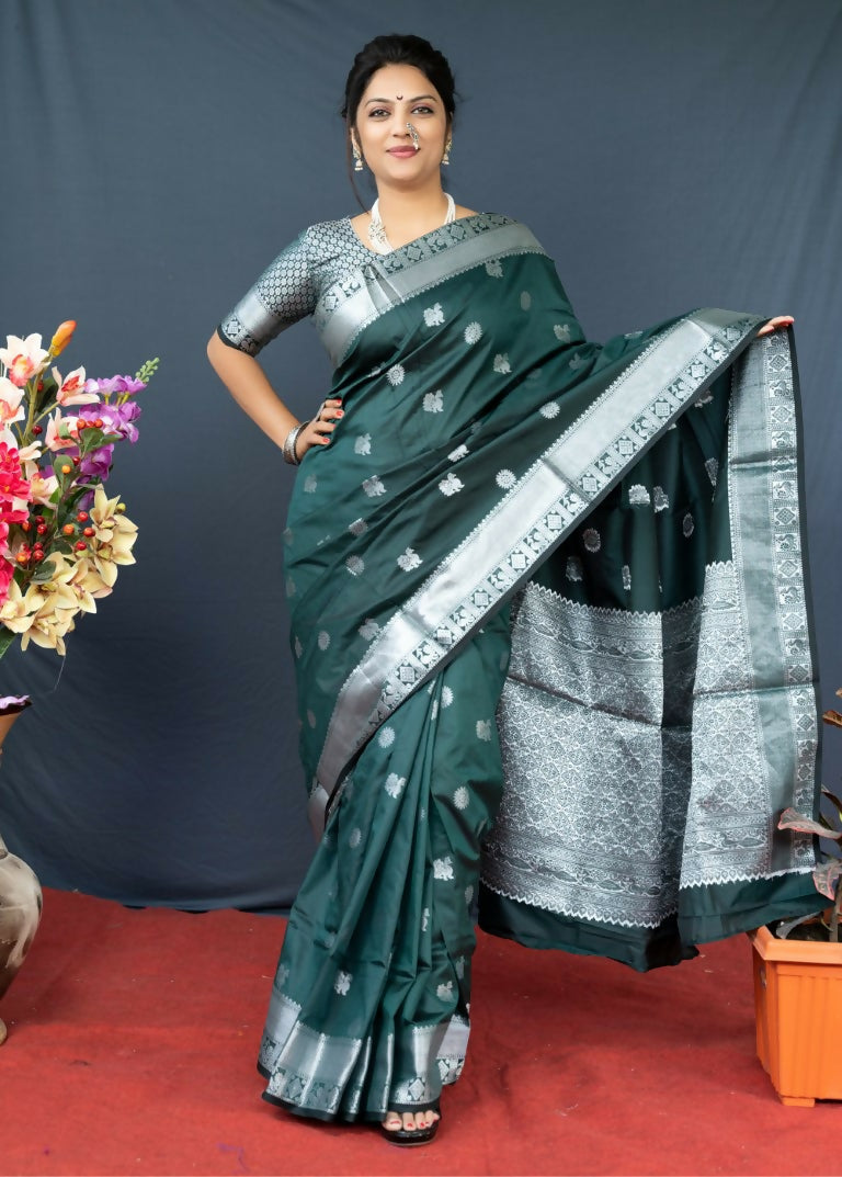 Jyoti Fashion Women's Bottle Green Soft Banarasi Silk Zari Woven Saree with Blouse