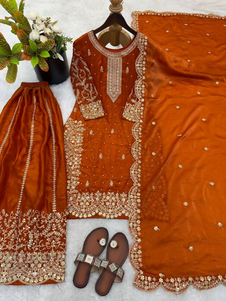 Teeya Creation Orange Color Fendy Silk Embroidery Work Wedding Wear Salwar Suit - Distacart