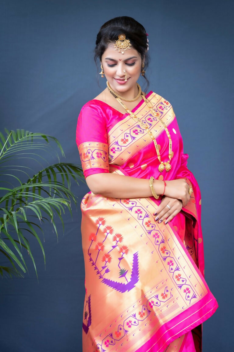 Jyoti Fashion Women's Pink Paithani Silk Zari Woven Saree with Blouse - Distacart
