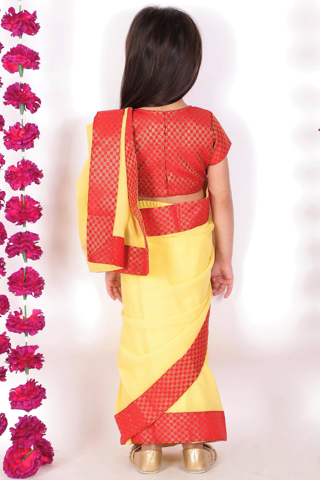 Little Bansi Girls Red and Yellow Color Saree with Floral Brocade Blouse