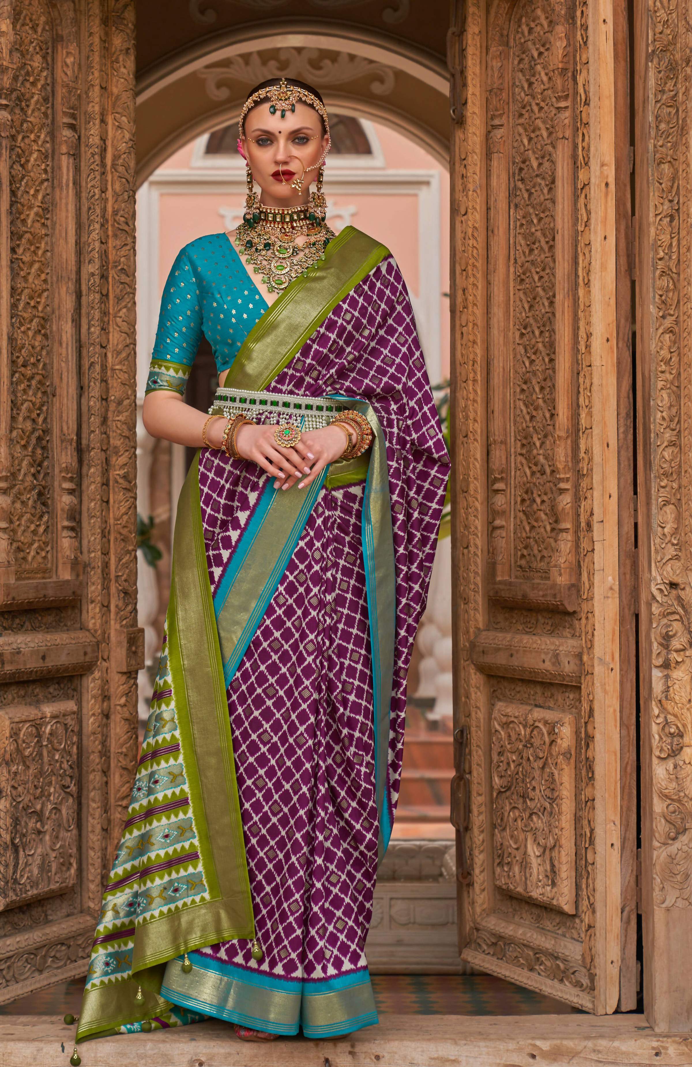 Purple Silk Geometric Printed Saree With Unstitched Blouse Piece - Aanchal