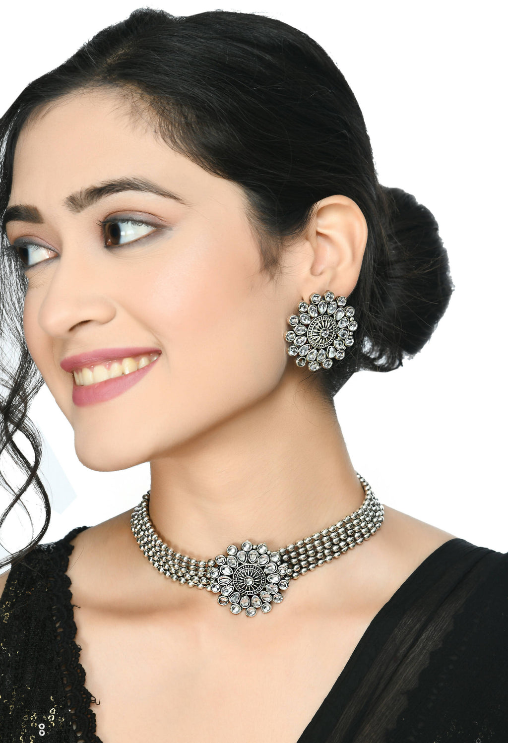 Mominos Fashion Johar Kamal Oxidised Silver-Plated Brass Finish Kundan Choker For Women (Silver) - Distacart