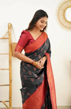 DEIANA'S Beautiful Designer Golden zari Soft Lichi Silk Saree - Black