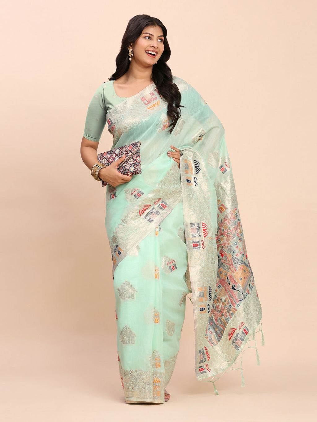 Shree Shyam Fashion Linen Cotton Sea Green Saree - Distacart