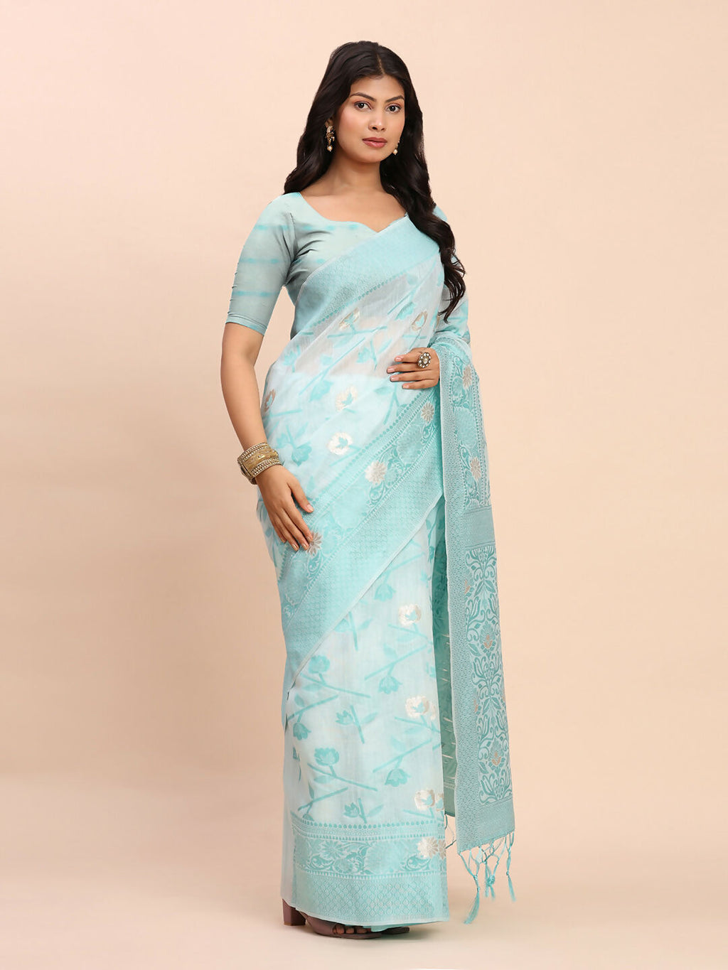 Shree Shyam Fashion Linen Cotton Sky Blue Saree - Distacart