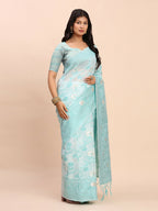 Shree Shyam Fashion Linen Cotton Sky Blue Saree - Distacart