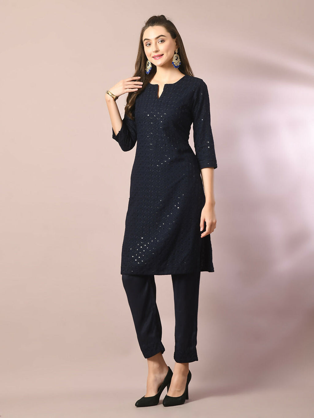 Myshka Women's Navy Blue Embroidered Cotton Straight Party Kurta Set