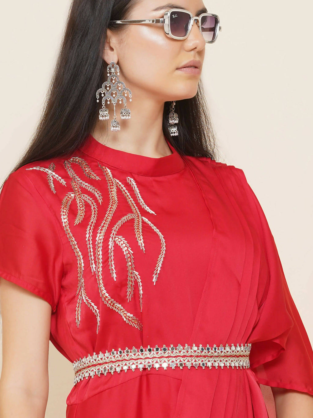 Women Republic Red Hand Embelleshed Gown With Drape - Distacart