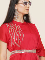 Women Republic Red Hand Embelleshed Gown With Drape - Distacart