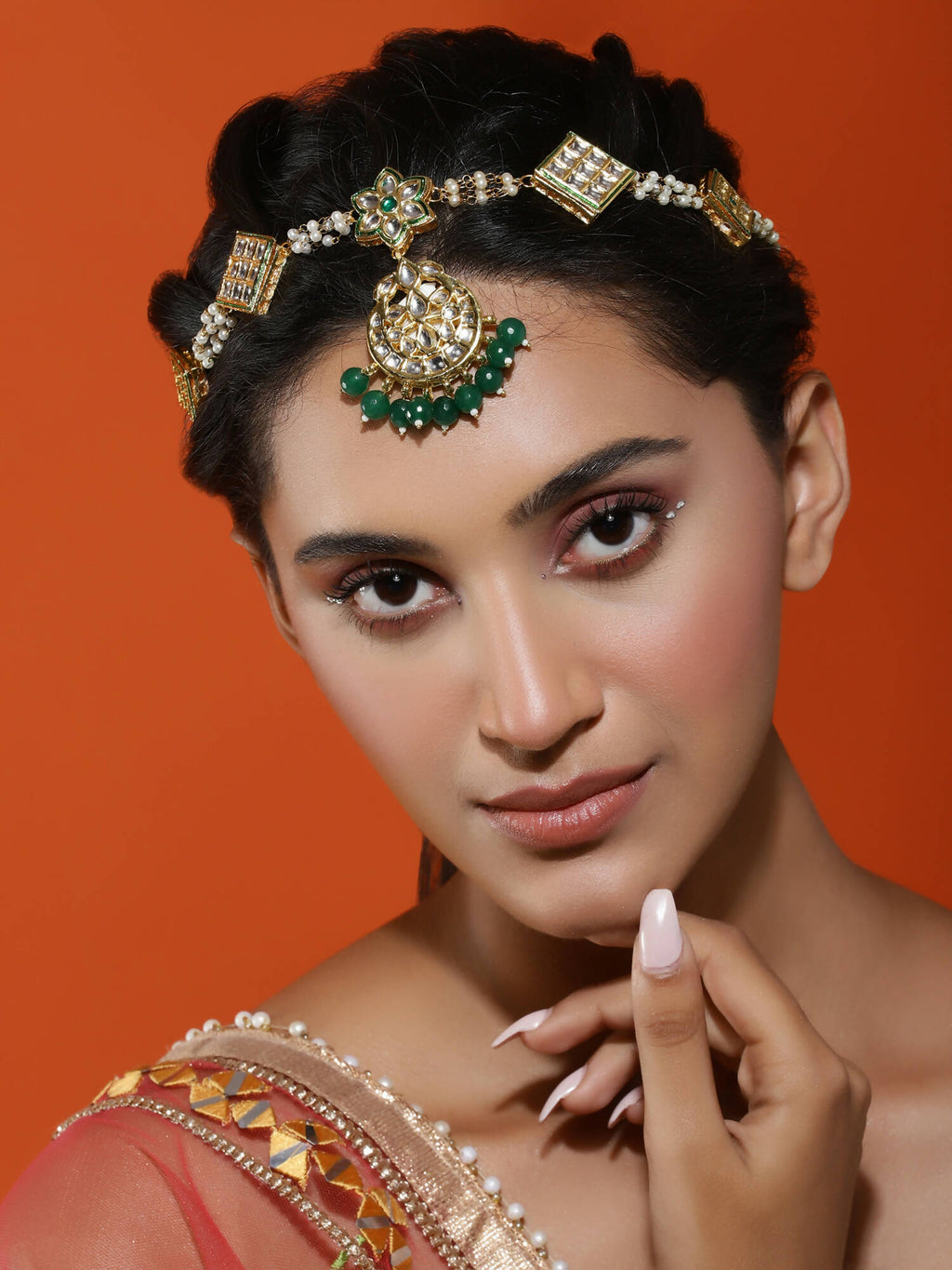 Gold-Plated White Green Kundan-Studded Pearl Beaded Matha Patti - Ruby Raang - Distacart