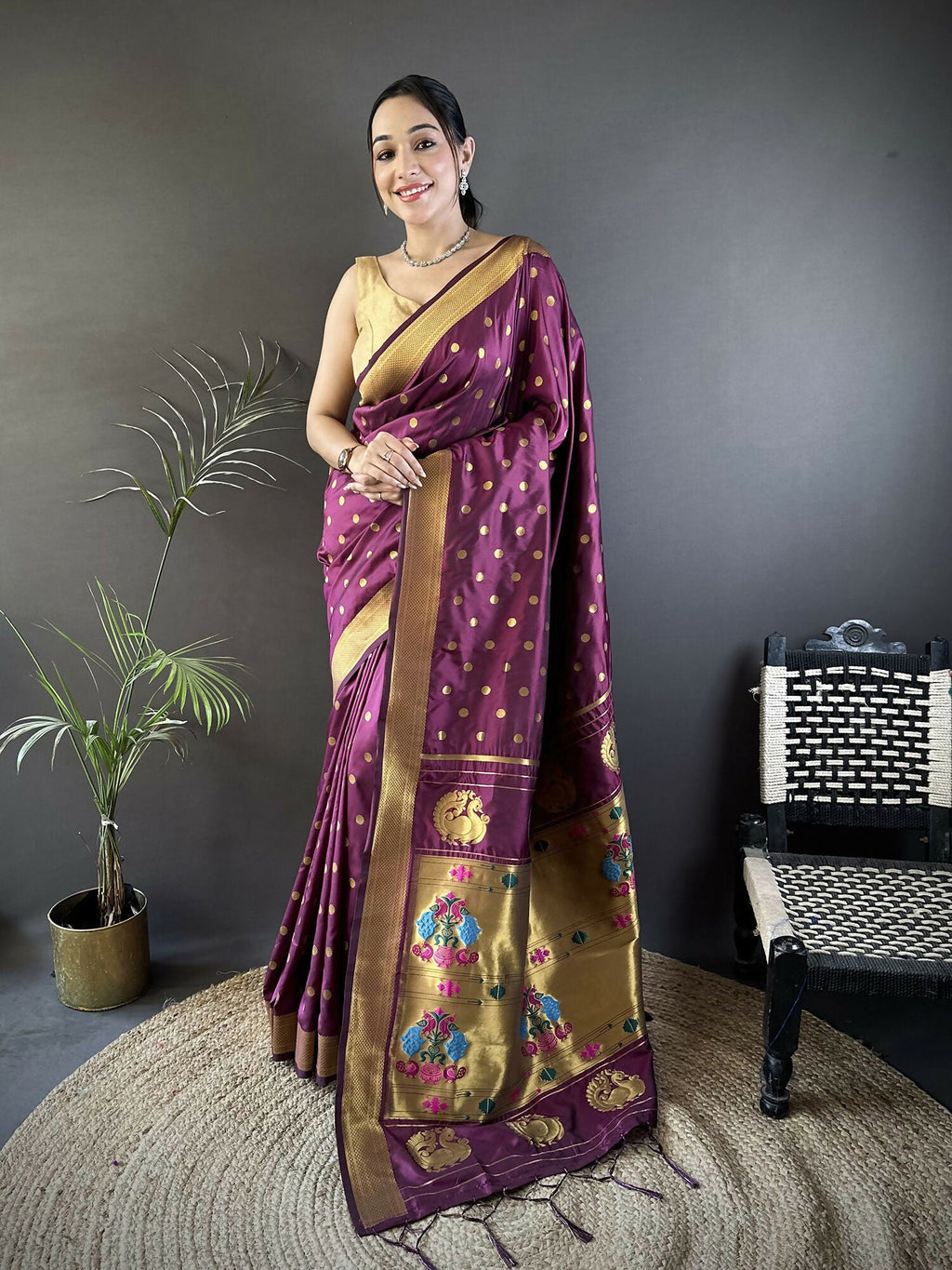Joban Fashion Wine Polka Dot Lichi Silk Paithani Silk Saree - Distacart
