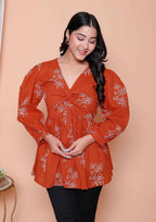 Miravan Womens Rust Floral Printed Balloon Sleeves V Neck Butterfly Top - Distacart