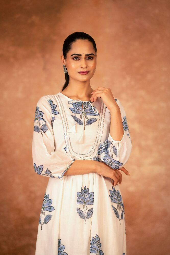 Joban Fashion Blue Floral Hand Block Printed Cotton Kurta Pant Set - Distacart